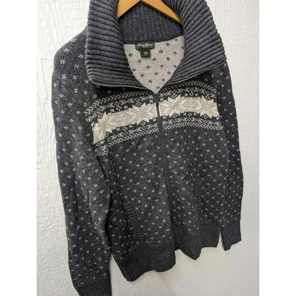 Eddie Bauer Nordic Snowflake Cardigan Sweater Wool Blend Full Zip Men's XL Tall